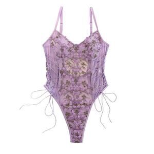 Lilosy Sexy Lace Up Floral Embroidered Lingerie Bodysuit